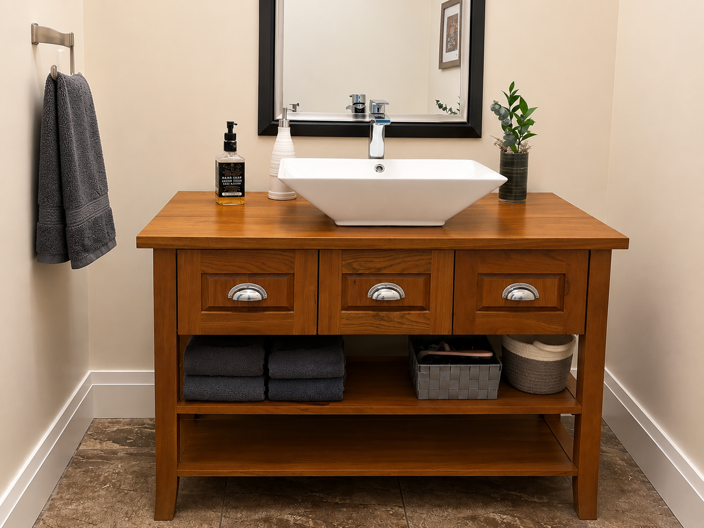 custom cherry vanity with curved legs