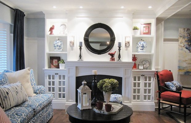 fireplace with custom side cabinets